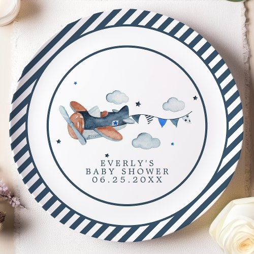 Vintage Airplane Clouds Baby Shower Paper Plate