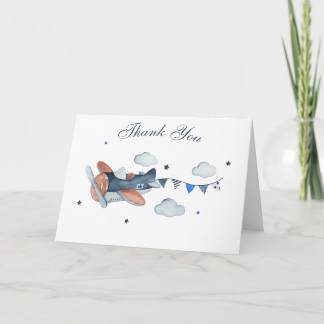 Vintage Airplane Clouds Baby Shower Thank You Card (Front)