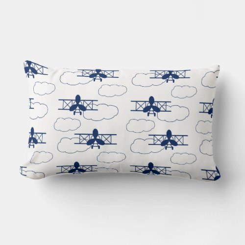 Vintage Airplane Clouds Navy Blue Baby Boy Lumbar Pillow