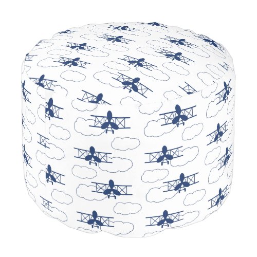 Vintage Airplane Clouds Navy Blue Baby Boy Pouf