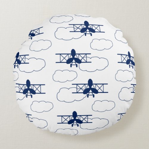 Vintage Airplane Clouds Navy Blue Baby Boy Round Pillow