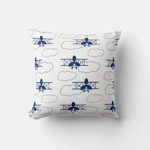 Vintage Airplane Clouds Navy Blue Baby Boy Throw Pillow