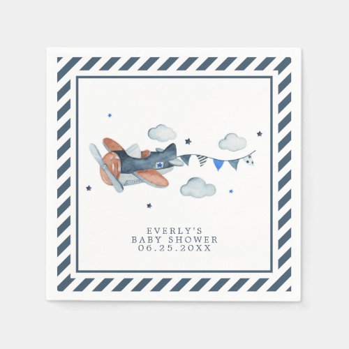 Vintage Airplane Clouds Watercolor Baby Shower Napkins