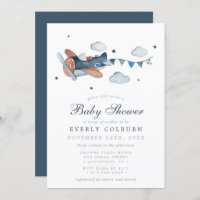 Vintage Airplane Clouds Watercolor Boy Baby Shower Invitation