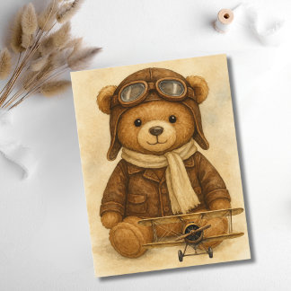 Vintage Airplane Cute Teddy Bear Aviator Aviation Postcard
