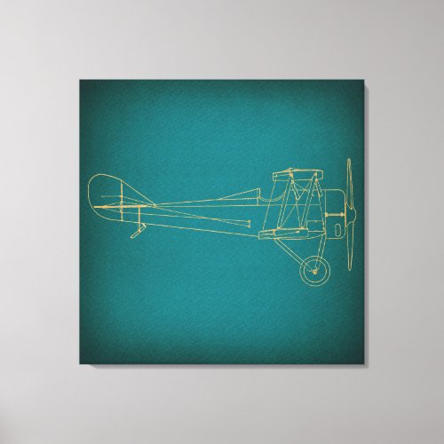 Vintage Airplane Diagram Teal Blue Retro Style Art Canvas Print