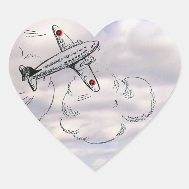 Vintage Airplane Drawing in the Clouds Heart Sticker (Front)