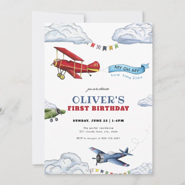 Vintage Airplane First Birthday Invitation (Front)