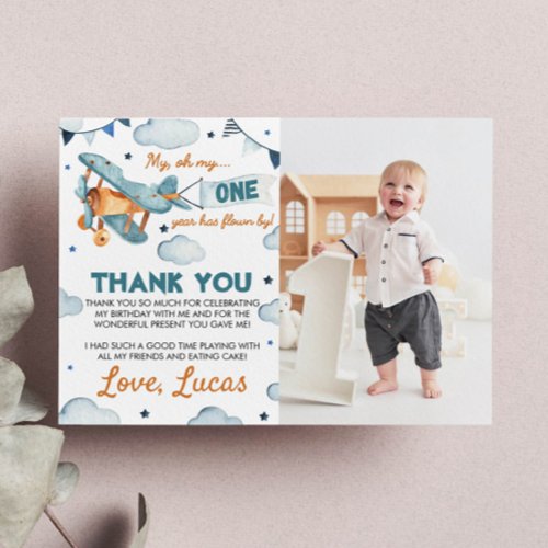 Vintage Airplane First Birthday Thank You Card