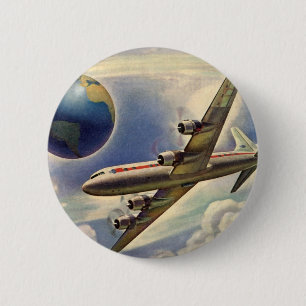 Vintage Airplane Flying Around the World in Clouds Button
