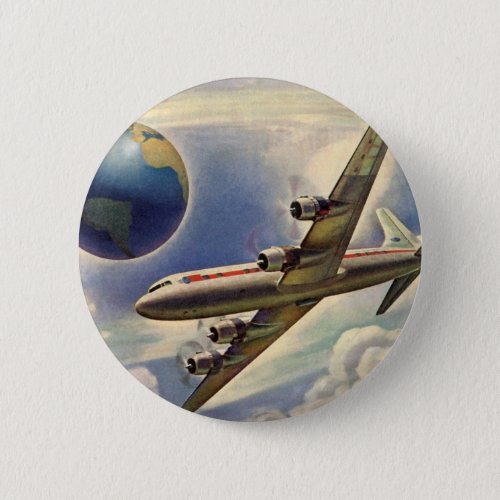 Vintage Airplane Flying Around the World in Clouds Button