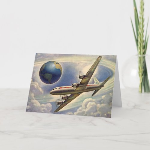 Vintage Airplane Flying Around the World in Clouds Card