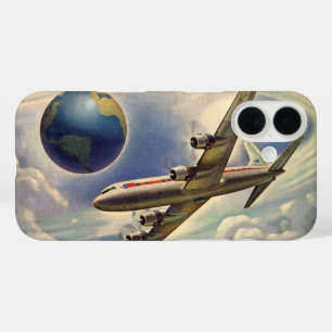 Vintage Airplane Flying Around the World in Clouds iPhone 16 Case