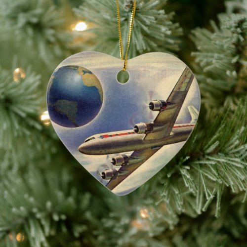 Vintage Airplane Flying Around the World in Clouds Ceramic Ornament
