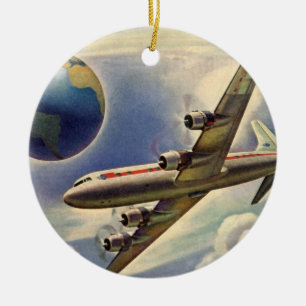 Vintage Airplane Flying Around the World in Clouds Ceramic Ornament