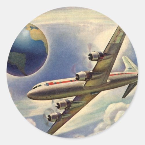 Vintage Airplane Flying Around the World in Clouds Classic Round Sticker