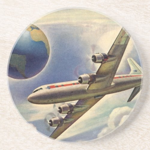 Vintage Airplane Flying Around the World in Clouds Coaster