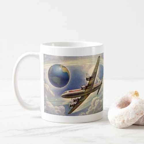 Vintage Airplane Flying Around the World in Clouds Coffee Mug