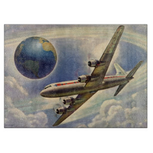 Vintage Airplane Flying Around the World in Clouds Cutting Board