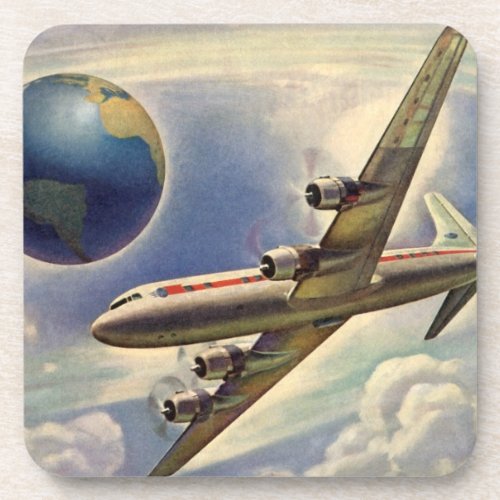 Vintage Airplane Flying Around the World in Clouds Drink Coaster