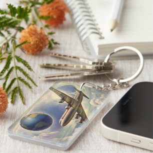 Vintage Airplane Flying Around the World in Clouds Keychain