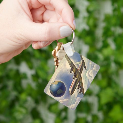 Vintage Airplane Flying Around the World in Clouds Keychain