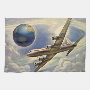 Vintage Airplane Flying Around the World in Clouds Kitchen Towel
