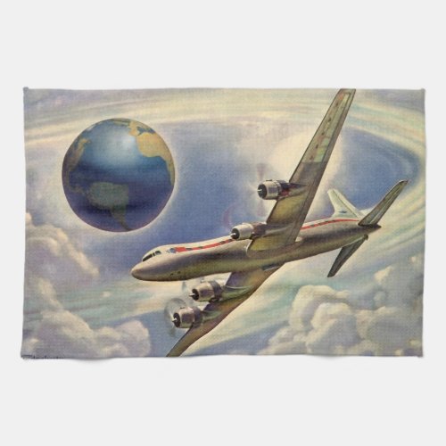 Vintage Airplane Flying Around the World in Clouds Kitchen Towel