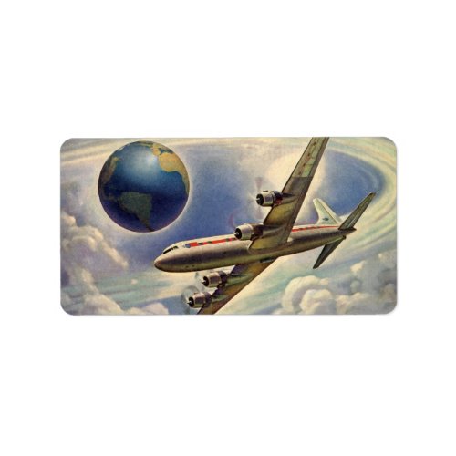Vintage Airplane Flying Around the World in Clouds Label