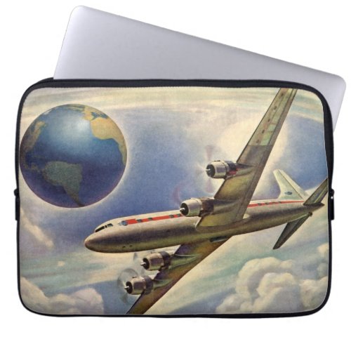 Vintage Airplane Flying Around the World in Clouds Laptop Sleeve