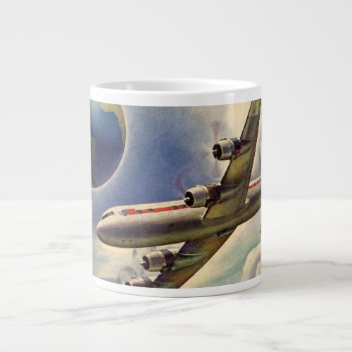 Vintage Airplane Flying Around the World in Clouds Large Coffee Mug