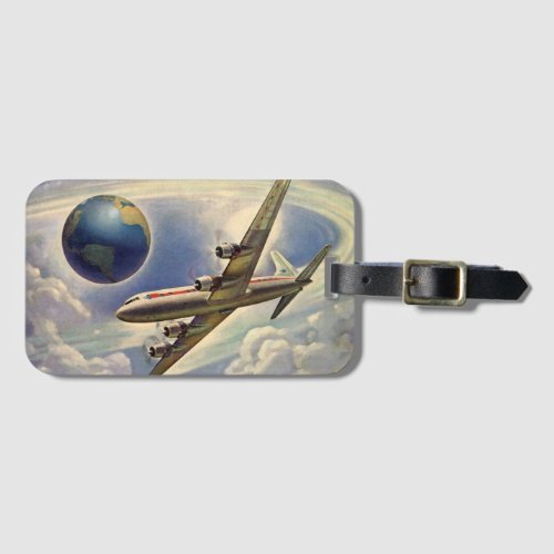 Vintage Airplane Flying Around the World in Clouds Luggage Tag