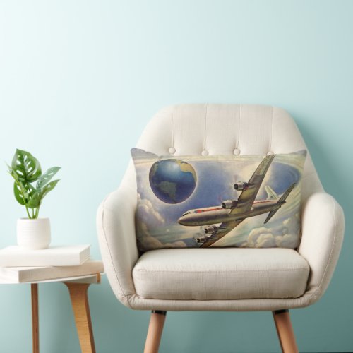 Vintage Airplane Flying Around the World in Clouds Lumbar Pillow