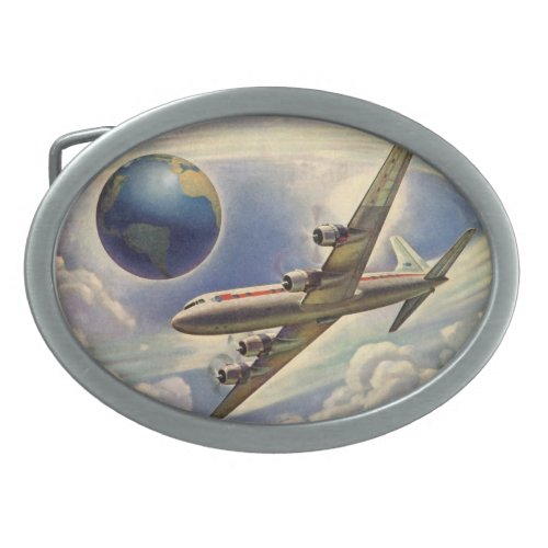 Vintage Airplane Flying Around the World in Clouds Oval Belt Buckle