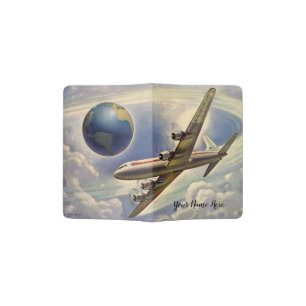 Vintage Airplane Flying Around the World in Clouds Passport Holder