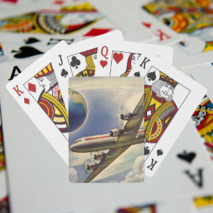 Vintage Airplane Flying Around the World in Clouds Playing Cards