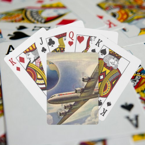 Vintage Airplane Flying Around the World in Clouds Poker Cards