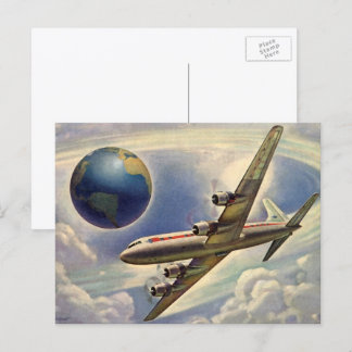 Vintage Airplane Flying Around the World in Clouds Postcard