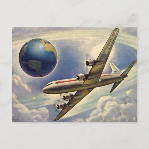 Vintage Airplane Flying Around the World in Clouds Postcard