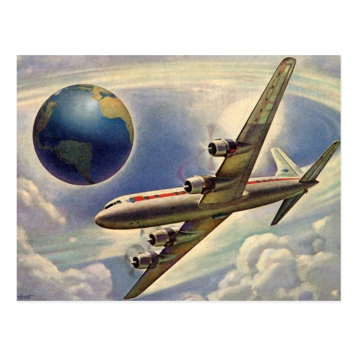Vintage Airplane Flying Around the World in Clouds Postcards