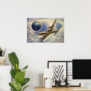 Vintage Airplane Flying Around the World in Clouds Poster