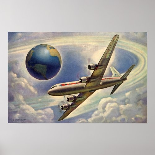 Vintage Airplane Flying Around the World in Clouds Poster