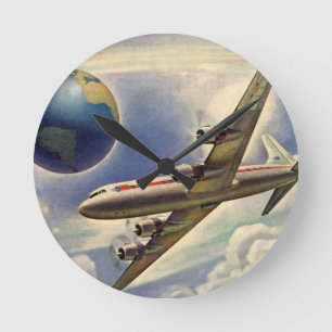 Vintage Airplane Flying Around the World in Clouds Round Clock