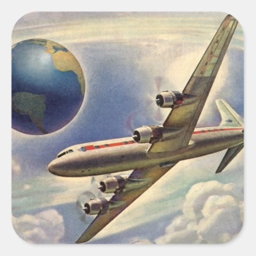 Vintage Airplane Flying Around the World in Clouds Square Sticker
