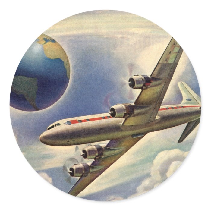Vintage Airplane Flying Around the World in Clouds Stickers