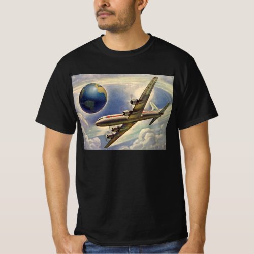 Vintage Airplane Flying Around the World in Clouds T_Shirt