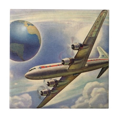 Vintage Airplane Flying Around the World in Clouds Tile