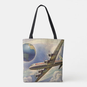 Vintage Airplane Flying Around the World in Clouds Tote Bag