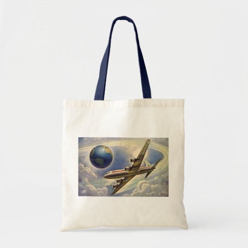 Vintage Airplane Flying Around the World in Clouds Tote Bag