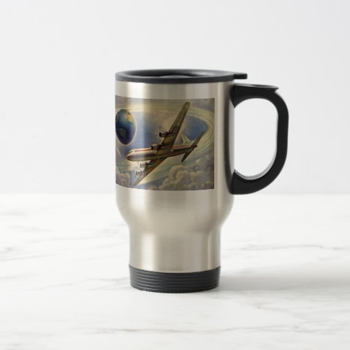 Vintage Airplane Flying Around the World in Clouds Travel Mug